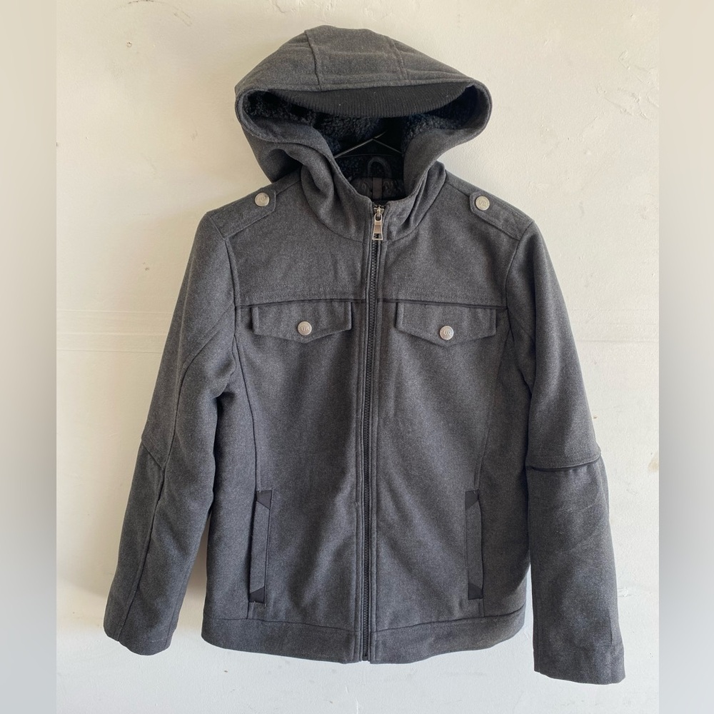 Boys Teen Gray Hooded Jacket with Snap Pockets Size 14-16